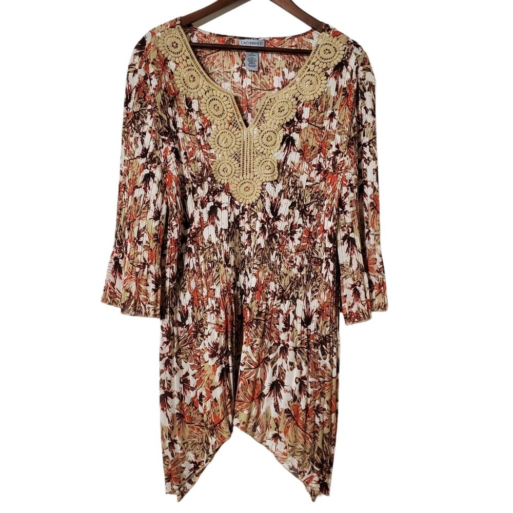 Catherines Pleated Tunic Top 2X Plus Tropical Hanky Hem Red Brown Career Womens